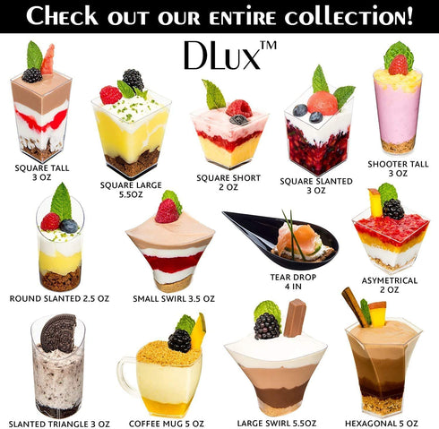 DLux 100 x 3 oz Mini Dessert Cups (no Spoons), Square Tall - Clear Plastic Parfait Appetizer Cup - Small Reusable Serving Bowl for Tasting Party Desserts Appetizers - With Recipe eBook