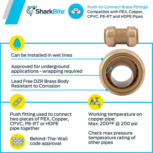 SharkBite 1 Inch Brass Push-To-Connect Straight Coupling Fitting for PEX, Copper, CPVC, PE-RT or HDPE Pipe - U020LFA