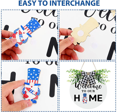 Gnome Wooden Seasonal Welcome Door Sign Interchangeable Welcome to Our Home Round Wood Hanging Front Door Sign with Burlap Bow with 12 Seasonal Ornament for Independence Day Holiday Porch (White)