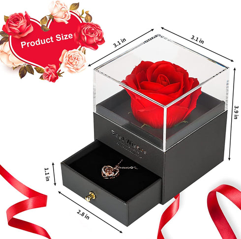 Qrytoi Real Preserved Rose, Eternal Rose Gift Box with 100 Kinds of Love Language Heart Necklace Enchanted Rose Flower Gifts for Her on Mothers Day Valentines Day Anniversary Christmas Birthday Gifts