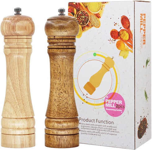 Pepper Grinder Salt and Pepper Grinder Set, 8 inch Oak Wood Pepper Mill Salt Grinder, Ceramic Rotor Adjustable Coarseness with Different Colors, Grinder for Spices and Seeds Pack of 2