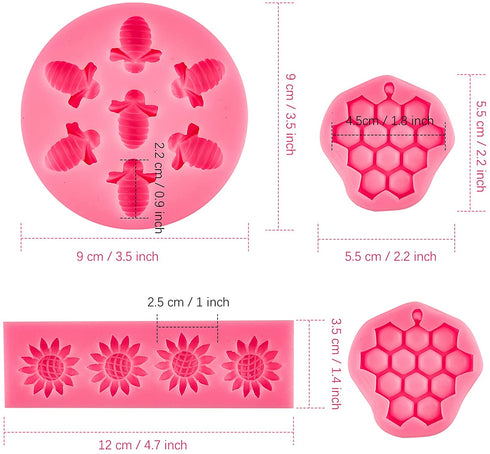 Ocmoiy 4 Pieces Flower and Bee Theme Cake Silicone Molds - Honeycomb Sunflower Bubble Bee Mold for Cake Decoration Cupcake Toppers Chocolate Candy Fondant Polymer Clay Crafting