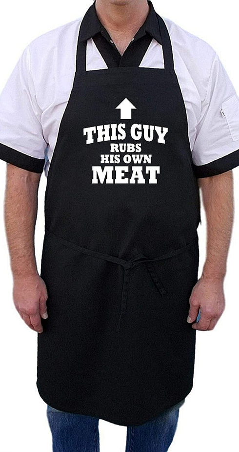 BBQ Apron This Guy Rubs His Own Meat Funny Aprons for Men, Black, Extra Long Ties, One Size Fit All
