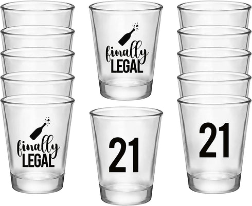 Finally Legal 21st Birthday Party Shot Glass - Set of 12, 1.75oz Black and Clear 21st Birthday Shot Glasses, Perfect for Birthday Parties, Birthday Decorations