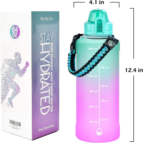 64 OZ Water Bottle Large Half Gallon Water Bottle with Straw, Motivational Water Bottles with Time Marker, Leakproof Tritan Bpa Free Water Jug with Paracord Handle for Fitness,Gym and Outdoor Sports