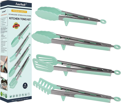 4 Pack Silicone Cooking Kitchen Tongs Kit , BPA Free Non-Stick Stainless Steel BBQ Grilling Locking Food Tong / Pasta Tong/Spatula Tong for Oven Baking Salad Steak Vegetable Serving Tools Utensil Set
