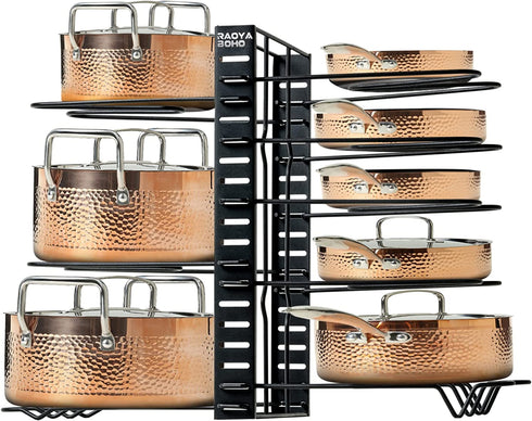 RAOYABOHO Black Pot and Pan Organizer for Cabinet Adjustable, Kitchen Pot and Pan Organizer Storage, Pan and Pot Lid Rack Holder 8 Tiers