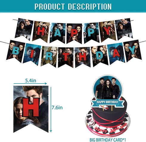 The Twilight Saga Theme Birthday Party Decorations,The Twilight Saga Party Supply Set for Kids with 1 Happy Birthday Banner , 12 Cupcake Toppers,50 Stickers ,18 Balloons for Party Decorations