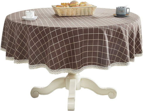 Bettery Heavy Weight Cotton Linen Tablecloth Lace Plaid Round Table Cloth for Kitchen Dining Room Tabletop Decoration, 48" - Round, Coffee