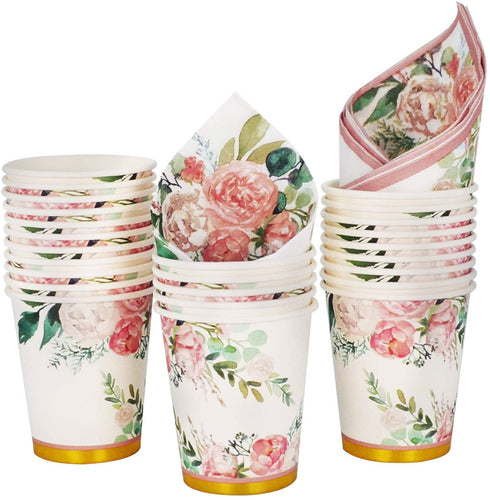 Floral Party Supplies paper plates and Napkins Sets for 24 Guest-Include Floral Party Disposable Paper Dinner Plates,Cups,Napkin for Baby or Bridal Shower,Birthday,Wedding,Bachelorette party Supplies