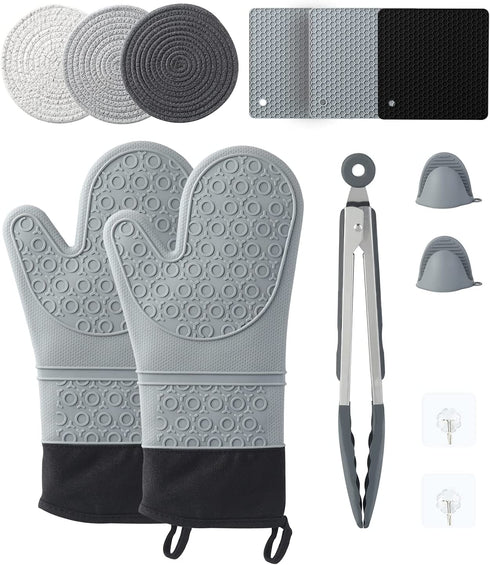 13 Pcs Set Oven Mitts and Pot Holders, Silicone Oven Mitts and Pot Holders 500F Heat Resistant, Includes Mini Oven Mitts, Hot Pads, Wall Hooks, Food Tongs- Perfect for Kitchen,Cooking,Protecting Hands