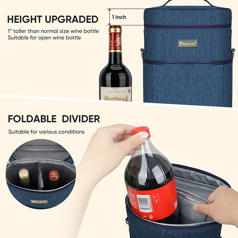 BALEINE 2 Bottle Wine Carrier - Insulated & Leakproof Wine Cooler Bag with Shoulder Strap for Picnic, Travel, BYOB Restaurant, Wine Gifts for Women (Blue, 2 Bottle)