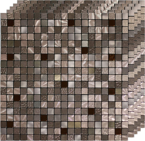 5 Sheets Self-Adhesive Aluminum Mosaic Peel and Stick Metal Tiles 3D Wall Sticker Panel Backsplash for Kitchen & Bathroom (12"x12" Bronze)