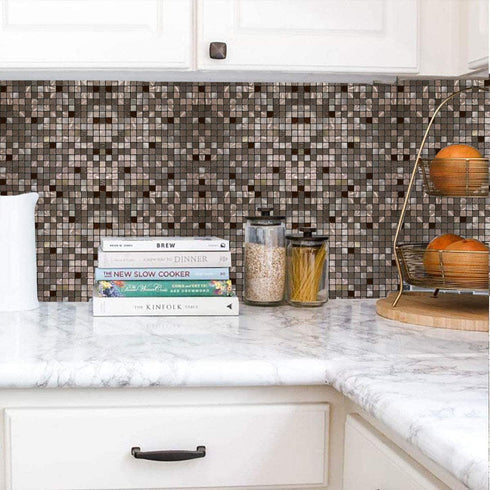 5 Sheets Self-Adhesive Aluminum Mosaic Peel and Stick Metal Tiles 3D Wall Sticker Panel Backsplash for Kitchen & Bathroom (12"x12" Bronze)