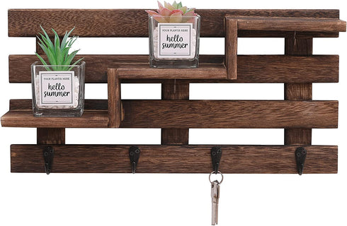 Efonow Wood Wall-Mounted 3-Tiered Stair Shelf with 6 Key Hooks and A Floating Shelf Rustic Home Decor for Entryway Carbonized Black