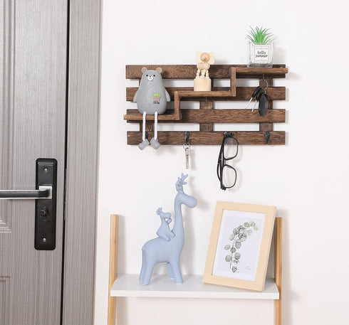 Efonow Wood Wall-Mounted 3-Tiered Stair Shelf with 6 Key Hooks and A Floating Shelf Rustic Home Decor for Entryway Carbonized Black