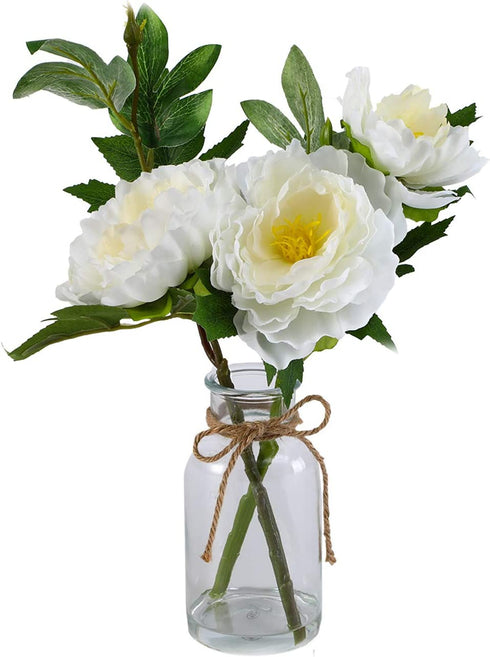 Artificial Peony Arrangements in Round Glass vase for Home Table Office Wedding Decoration. Fake Flowers in Pot, Table centerpieces Party Indoor Decor Gifts for Honey. Great, White, 15.4 inches tall
