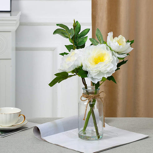 Artificial Peony Arrangements in Round Glass vase for Home Table Office Wedding Decoration. Fake Flowers in Pot, Table centerpieces Party Indoor Decor Gifts for Honey. Great, White, 15.4 inches tall