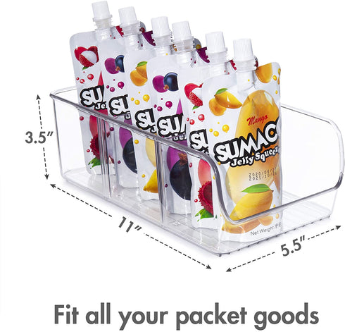 YIHONG 2 Pack Food Packet Organizer Bins, Plastic Clear Pantry Bins for Holding Seasoning Packets, Spice Packets, Pouches, Snacks in Kitchen, Cabinets or Countertop, with 2 Removable Dividers