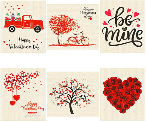 6 Pieces Mixed Valentine's Day Swedish Kitchen Dishcloths, Reusable Love Heart Dish Towels Absorbent and Fast Dry Cleaning Wipes for Home and Office Cleaning, Love Tree, Rose and Gnome Truck Design