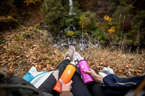 HYDRO CELL Stainless Steel Water Bottle w/ Straw & Wide Mouth Lids (64oz 40oz 32oz 24oz 18oz 14oz) - Keeps Liquids Perfectly Hot or Cold with Double Wall Vacuum Insulated Sweat Proof Sport Design (Red/Orange 24oz)