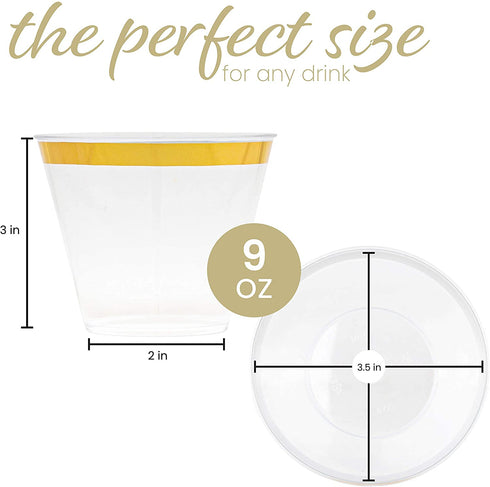 Plasticpro 9 oz Disposable Plastic Party Cups,Old fashioned Designed Tumblers, With gold Rim 100 Count, Crystal Clear