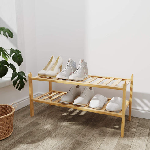 BAMFOX 2-Tier Shoe Rack,Bamboo Stackable Shoe Storage Organizer Unit Entryway Shelf,27.2"x11"x13.2" in Natural Color