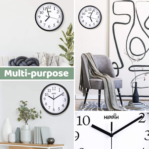 Hippih Black Wall Clock Silent Non Ticking Quality Quartz, 10 Inch Round Easy to Read for Home Office School Clock 2 Pack
