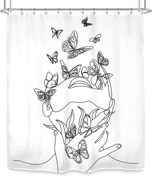 SVBright Women Flower Shower Curtain Abstract Line Ladies 60Wx72H Inch Butterfly Modern Minimalist Creative Female Sketch Aesthetic 12 Pack Hooks Polyester Waterproof Fabric Bathroom Bathtub Panels