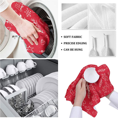 HELLOWINK Christmas Gingerbread Man Microfiber Kitchen Towels with Hanging Loop, Super Absorbent&Machine Washable Dish Towels Hand Towels for Home Kitchen Bars, 18 x 28 Inches, Red
