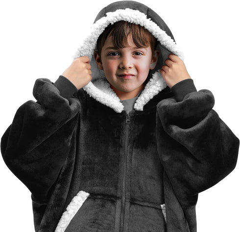 Dreamcountry Wearable Blanket for Kids, Oversized Sherpa Blanket Hoodie with Deep Pocket, Soft and Warm Blanket Sweatshirt with Comfy Sleeves, Gifts for Kid, Youth, Boys, Girls