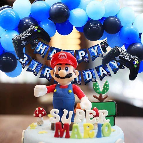 Video Game Party Supplies Birthday Decorations for Boys - 98 Pack Blue Black Balloons Garland with Gamer Birthday Banner Game Controller Balloons for Boy Level Up Birthday Party Decorations