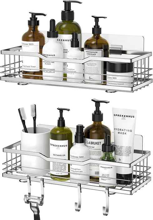 HBlife Shower Caddy No Drilling Shower Organizer with 8 Hooks, 2 Pack Shower Shelves SUS304 Rustproof Bathroom Organizer