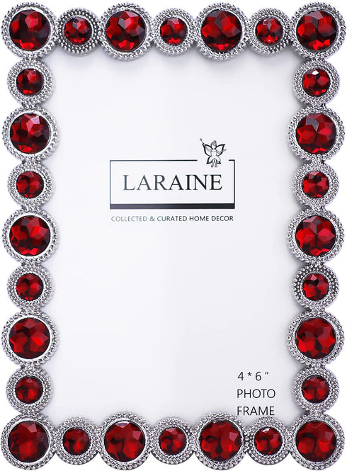 LARAINE Picture Photo Frame 4x6 Rhinestones Metal High Definition Glass Display Pictures for Tabletop Crystal Home Decorative (Red, 4x6)