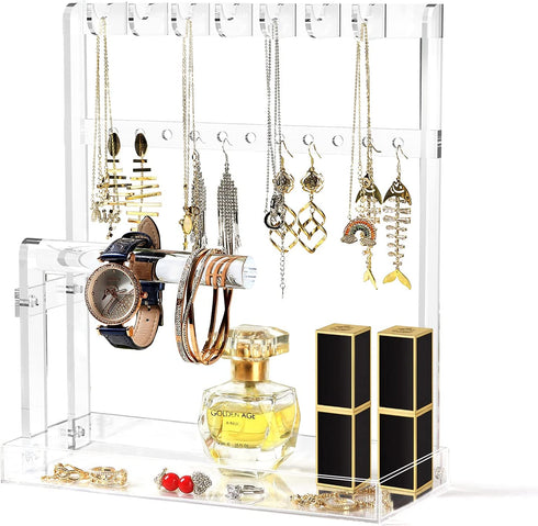 Jewelry Stand Holder Jewelry Tree 4-Tier Necklace Earring Bracelet Ring Watches Hanging Organizer Acrylic Jewelry Display Tower Glasses Perfume Organizer Women Girls Best Gift with Tray