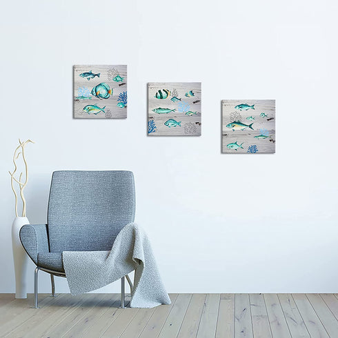 ArtKissMore Ocean Animal Wall Art Bathroom Rustic Wall Decor Sea Fish Animals Painting for Home Bathroom Kitchen Bedroom Marine Theme Modern Farmhouse Wall Decor 12x12inchx3pcs