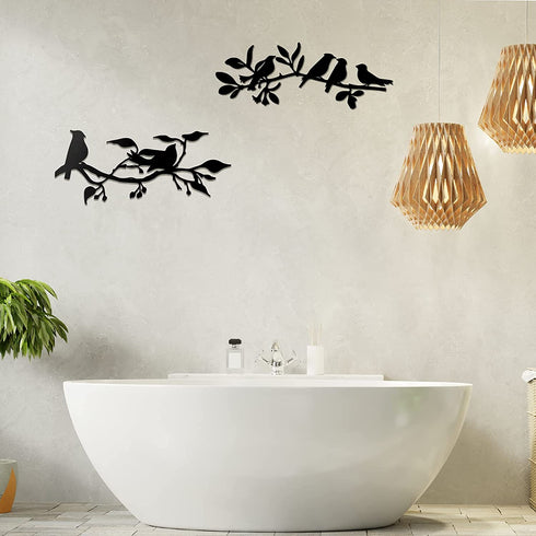 Hotop 2 Pieces Birds on Branch Metal Wall Art Decor Bird Silhouette Sculpture Black Leaves with Birds Metal Ornament Hanging Sign for Home Garden Office Living Room Indoor Outdoor Decorations