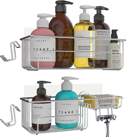 Adhesive Shower Caddy, HOMOH Bathroom Basket Shelf with Soap Dish and Hooks Wall Mounted No Drilling Rustproof Storage Organizer Racks for Bathroom, Toilet, Kitchen - 2 Pack