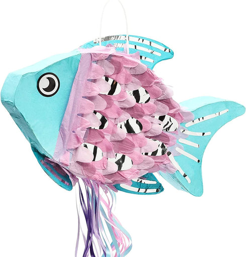 Fish Pinata, Blue, Pink, and Silver Foil, Ocean Party Decorations (17 x 10.5 Inches)