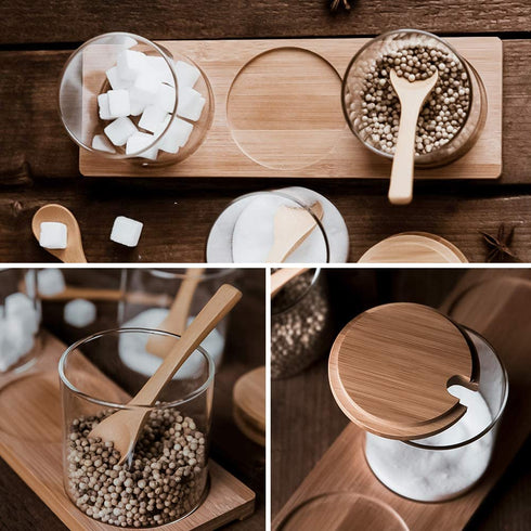Outamateur Condiment Pots Seasoning Box Set Glass Condiment Canisters Pots with Bamboo Lids Spoon and Tray for Kitchen Coffee Bar Home(Set-of-3PCS)