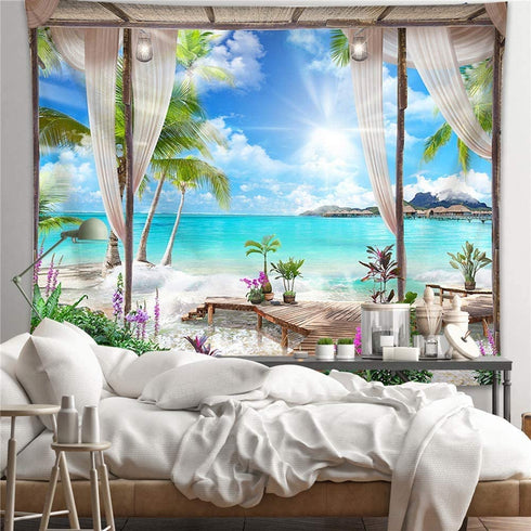 Beach Decor Tapestry, Ocean Sea Tropical Island Palm Tree Scenic View From Balcony Summer Tropical Scenery Wall Hanging Nature Tapestry For Bedroom Living Room Dorm.78x58Inch
