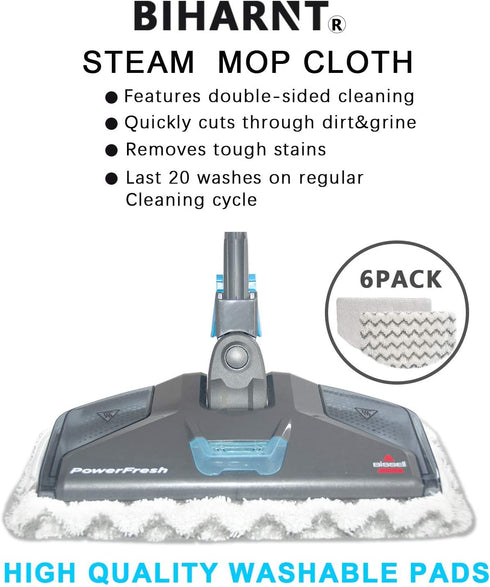 BIHARNT 6 Pack Washable Steam Mop Pads Replacement for Bissell PowerFresh 1940 1806 1544 2075 Series Steam Cleaner