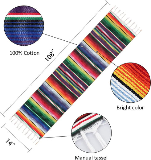 Mexican Table Runner for Cinco de Mayo Decorations, 108" x 14" 2Packs Hand Woven Mexican Blanket Table Runner Fiesta Party Supplies, Fringe Cotton Serape Table Runner for Mexican Party Wedding Decor