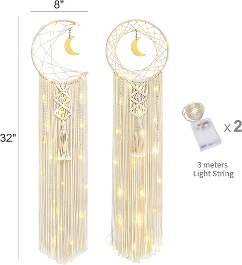 Mkono 2 Pack Macrame Dream Catcher with String Lights Boho Wall Hanging Decor Handmade Circle Moon Dreamcatcher Bohemian Home Ornament for Bedroom Living Room Dorm Nursery, 8''W x 32''L