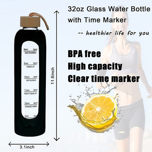 Water Bottles with Times to Drink, 32oz Water Bottle with Time Marker, Glass Water Bottles with Silicone Sleeve, Leak Proof Water Drinking Bottle - BPA Free, Bamboo Lid, for Fitness and Outdoor Sports