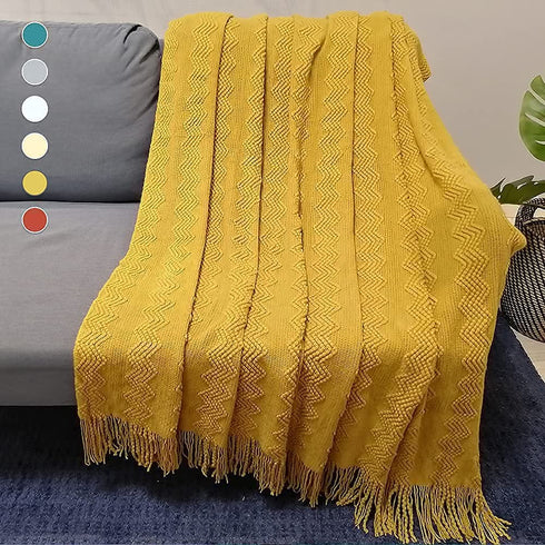 JibHome Knitted Throw Blankets for Couch and Bed, Soft Cozy Knit Blanket with Tassel, Yellow Lightweight Decorative Blankets and Throws, Farmhouse Warm Woven Blanket for Men and Women(Yellow)