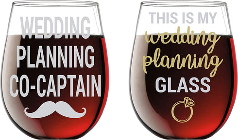This is My Wedding Planning Glass / Planning Co-Captain - Funny 15oz Crystal Wine Glass - Stemless Wine Glass Couples Sets - Perfect idea for Bridal and Engagement Gifts