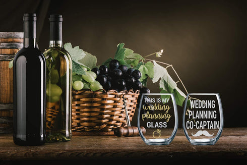 This is My Wedding Planning Glass / Planning Co-Captain - Funny 15oz Crystal Wine Glass - Stemless Wine Glass Couples Sets - Perfect idea for Bridal and Engagement Gifts