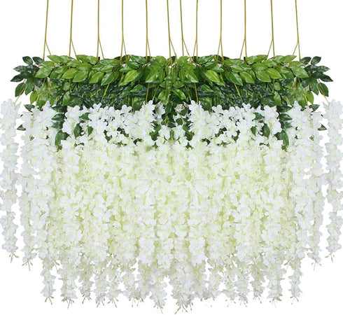 Lmeiosn 12 Pack Artificial Fake Wisteria Vine, 3.6 Feet Wisteria Hanging Garland Flowers, Silk Garland Flowers Ratta Long Bush Flowers String for Wedding Party Garden Greenery Home Wall Decor, White