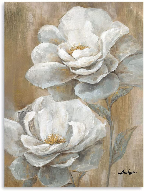 B BLINGBLING Floral Canvas Wall Art Peony Flower Picture Abstract White and Gold Painting Giclee Print Artwork Home Decor for Bedroom Bathroom Ready to Hang 12"x 16"x 1 Panel
